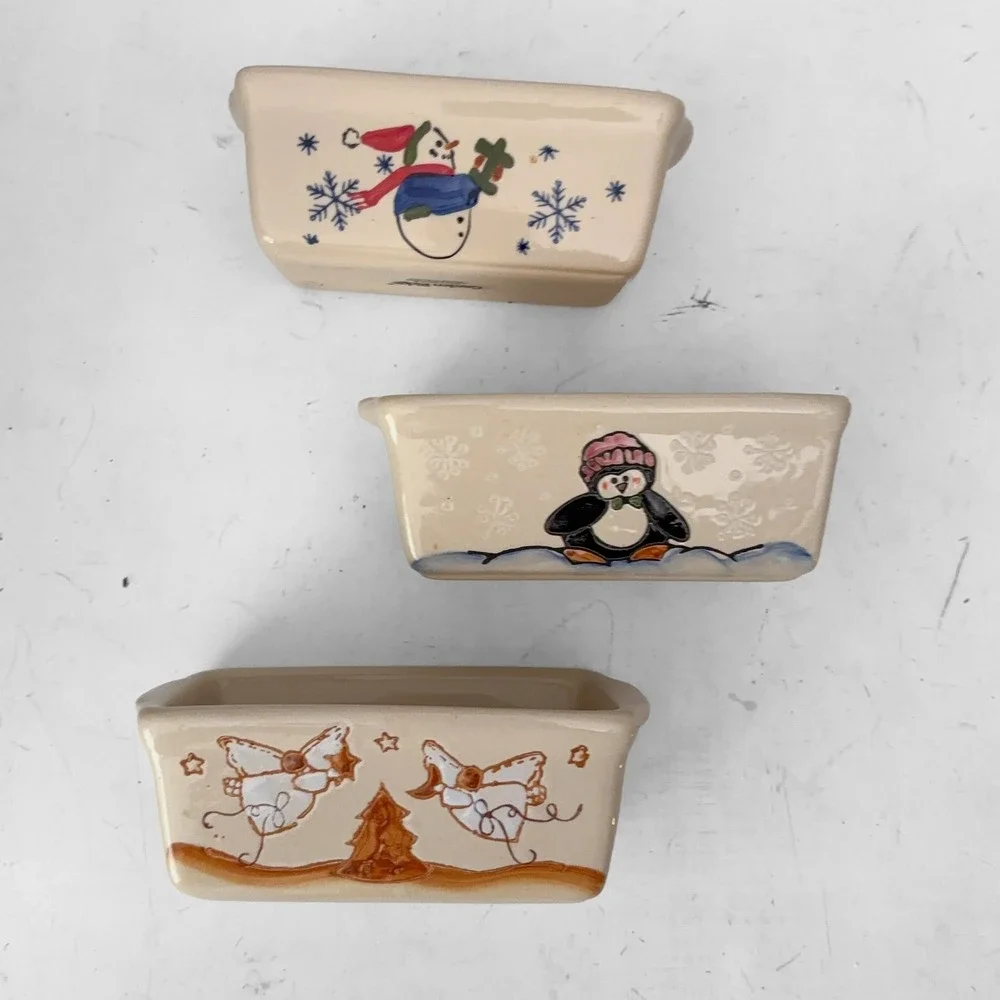 Garden Ridge Christmas Mini Loaf Pan Set 3 Snowman Penguin Angel Stoneware